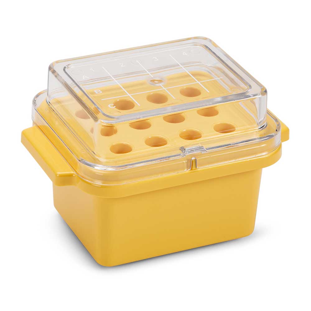Globe Scientific CryoCool Mini Cooler, -20°C, 12-Place (3x4) for 1.5mL Tubes, Yellow Cooler; Chiller; polycarbonate cooler; cryogenic cooler; -20°C